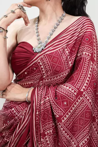 maroon satin  printed  saree with geometric print