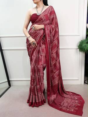 maroon satin  printed  saree with geometric print 4