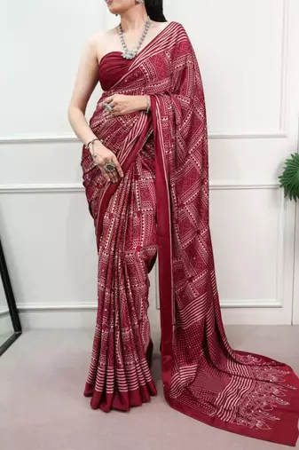 maroon satin  printed  saree with geometric print
