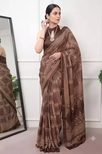 brown satin  printed  saree with geometric print
