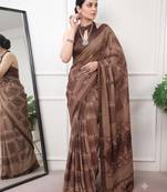 brown satin  printed  saree with geometric print