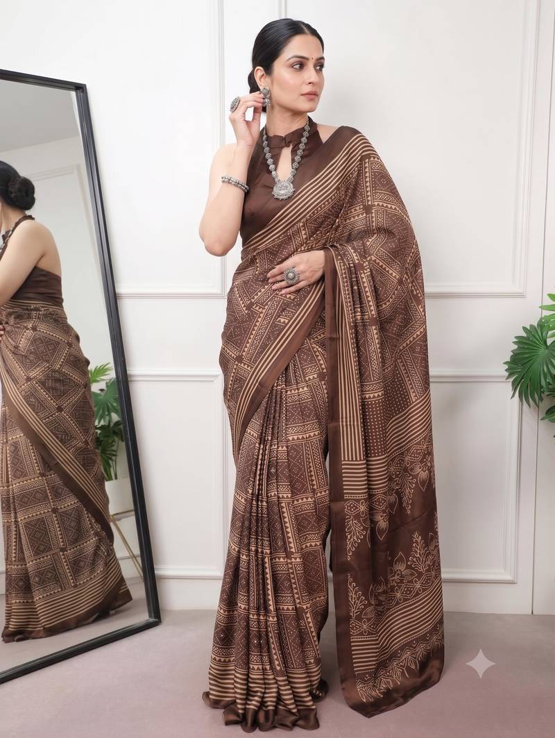 brown satin  printed  saree with geometric print