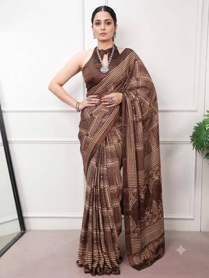 brown satin  printed  saree with geometric print 2