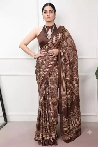brown satin  printed  saree with geometric print