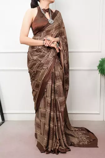 brown satin  printed  saree with geometric print