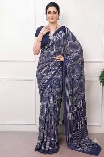 navy blue satin  printed  saree with geometric print