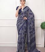 navy blue satin  printed  saree with geometric print