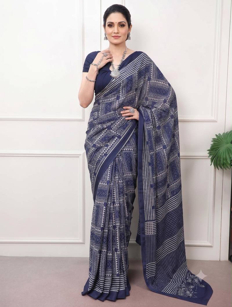 navy blue satin  printed  saree with geometric print