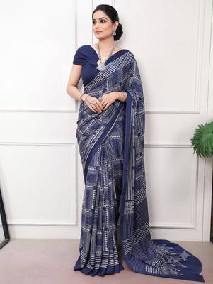 navy blue satin  printed  saree with geometric print 2