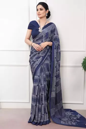 navy blue satin  printed  saree with geometric print