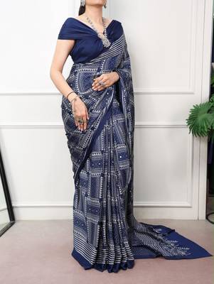 navy blue satin  printed  saree with geometric print 3