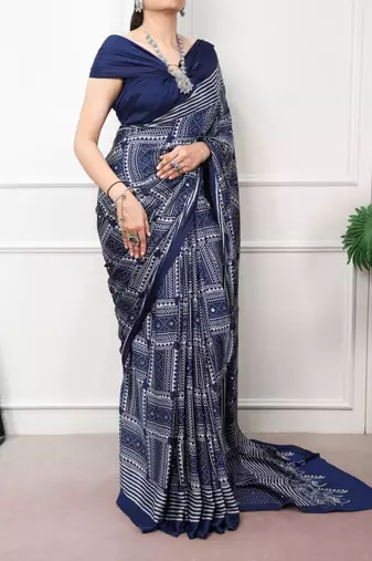 navy blue satin  printed  saree with geometric print