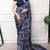 navy blue satin  printed  saree with geometric print