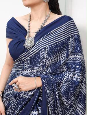 navy blue satin  printed  saree with geometric print 4