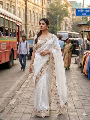 White organza embroidered saree with thread work 1