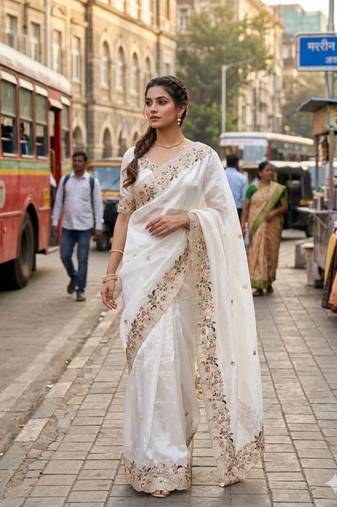 White organza embroidered saree with thread work