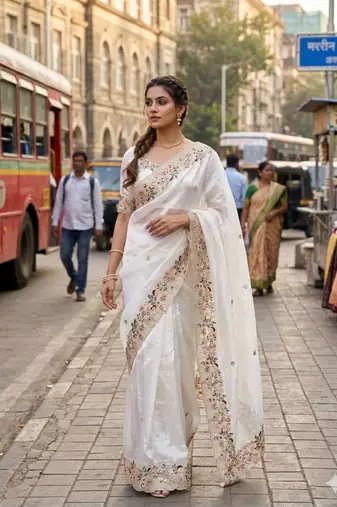 White organza embroidered saree with thread work