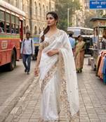 White organza embroidered saree with thread work