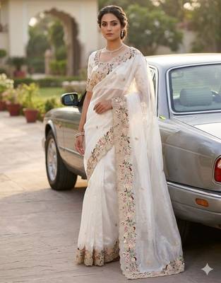 White organza embroidered saree with thread work 2