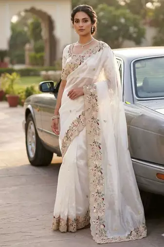 White organza embroidered saree with thread work