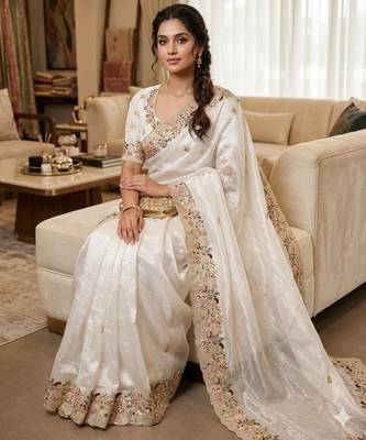 White organza embroidered saree with thread work 3