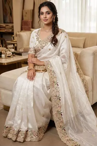 White organza embroidered saree with thread work