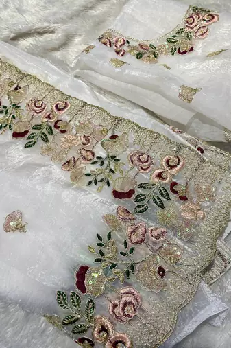 White organza embroidered saree with thread work