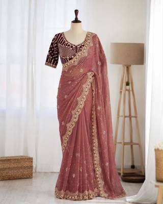 Peach organza embroidered saree with sequins work 1