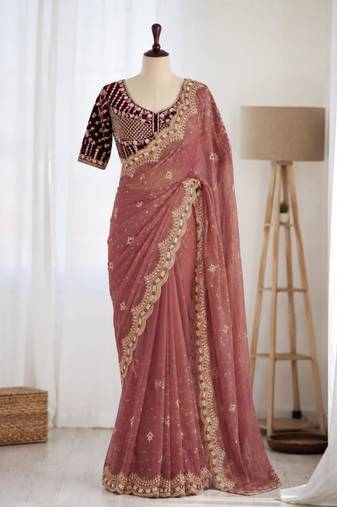 Peach organza embroidered saree with sequins work