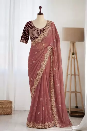 Peach organza embroidered saree with sequins work