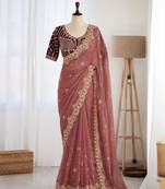 Peach organza embroidered saree with sequins work
