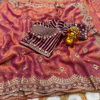 Peach organza embroidered saree with sequins work 2