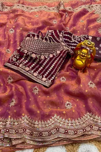 Peach organza embroidered saree with sequins work
