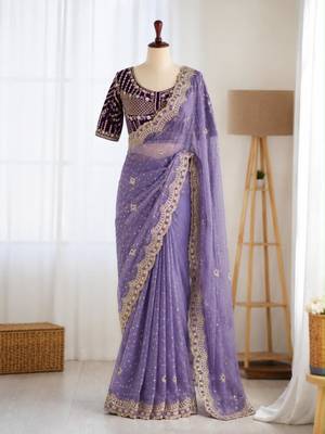 Lavender organza embroidered saree with sequins work 1