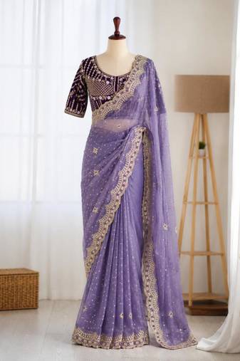 Lavender organza embroidered saree with sequins work
