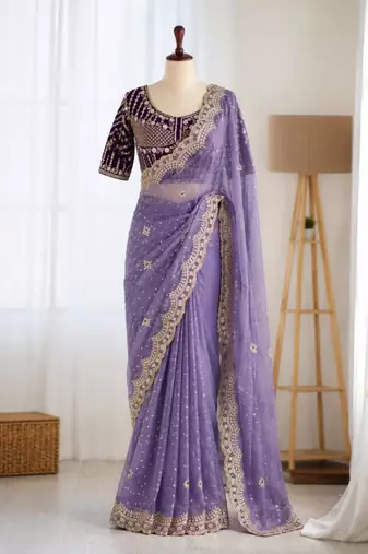 Lavender organza embroidered saree with sequins work