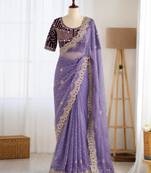 Lavender organza embroidered saree with sequins work