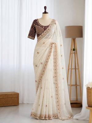Off white organza embroidered saree with sequins work 1