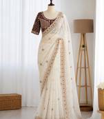 Off white organza embroidered saree with sequins work