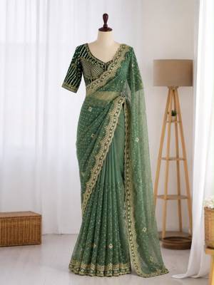 Green organza embroidered saree with sequins work 1