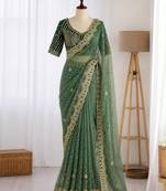 Green organza embroidered saree with sequins work