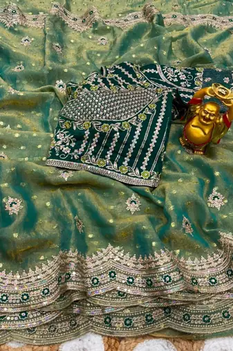 Green organza embroidered saree with sequins work