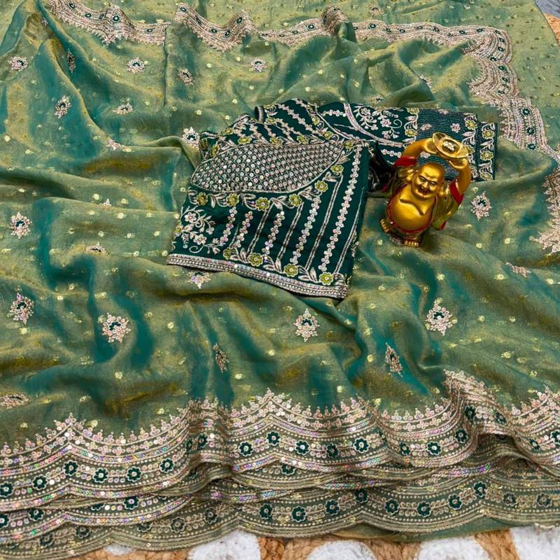 Green organza embroidered saree with sequins work
