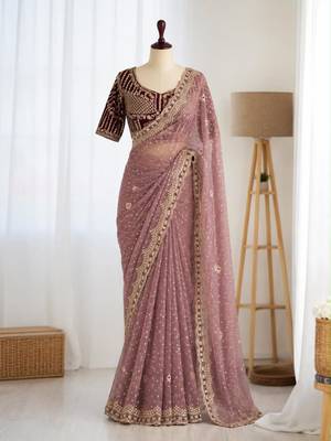 Mauve organza embroidered saree with sequins work 1