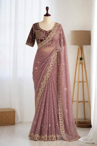 Mauve organza embroidered saree with sequins work
