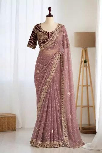 Mauve organza embroidered saree with sequins work