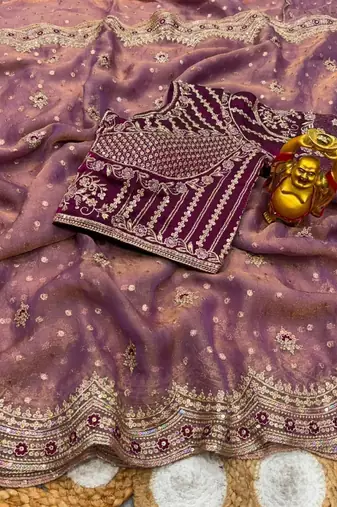 Mauve organza embroidered saree with sequins work