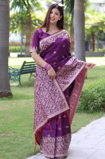 Purple art silk woven saree with zari work