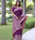 Purple art silk woven saree with zari work
