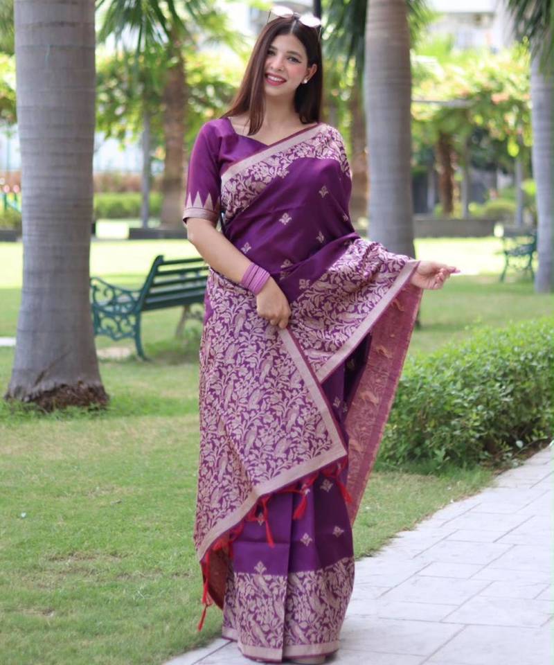 Purple art silk woven saree with zari work
